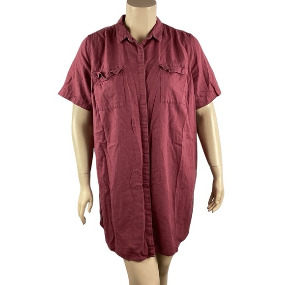 Ellos Red Linen Blend Short Sleeve Button Front Shirt Dress Size 22 Plus - Picture 1 of 7